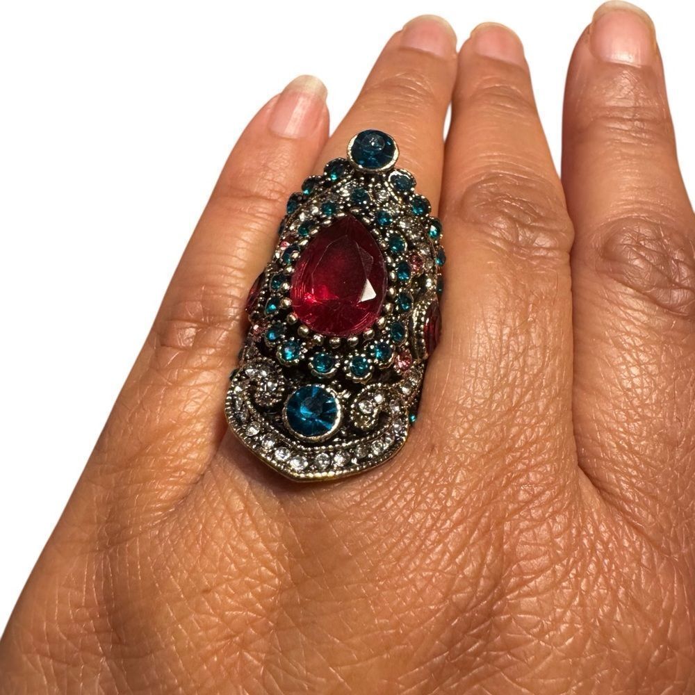 Fashion jewelry Gold tone multi color pink center stone Statement Ring size7
